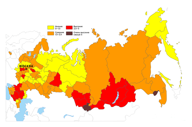 Дозы радиации от радона в РФ